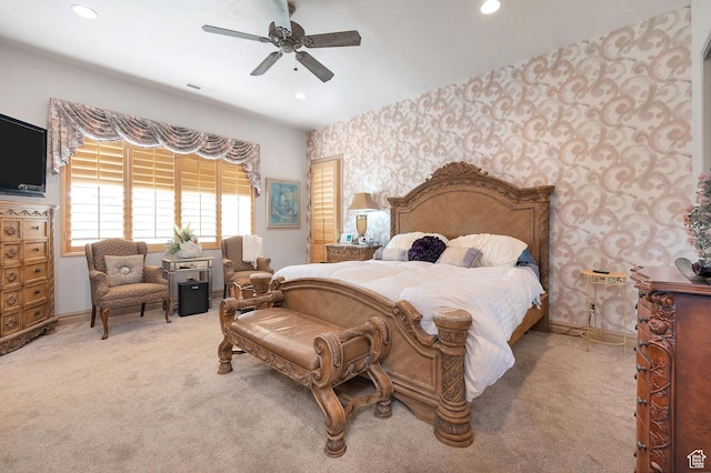bedroom featuring recessed lighting, baseboards, carpet, and wallpapered walls