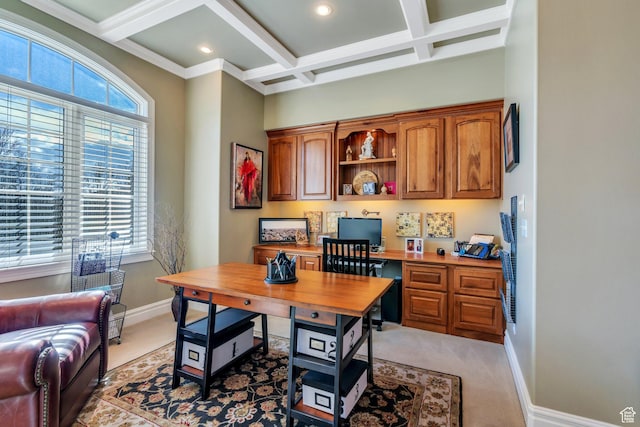 office space featuring baseboards, light colored carpet, beam ceiling, recessed lighting, and coffered ceiling