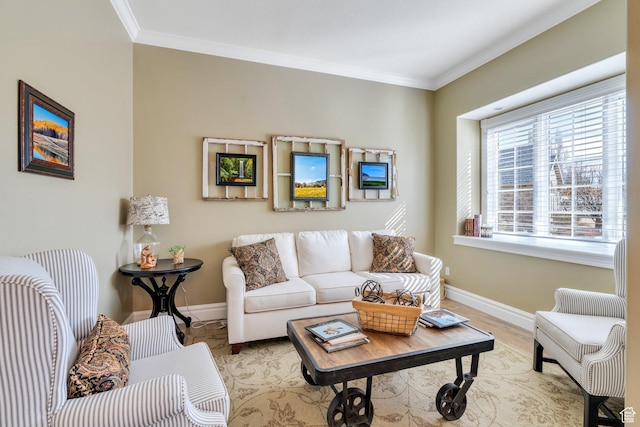 living area featuring wood finished floors, baseboards, and ornamental molding