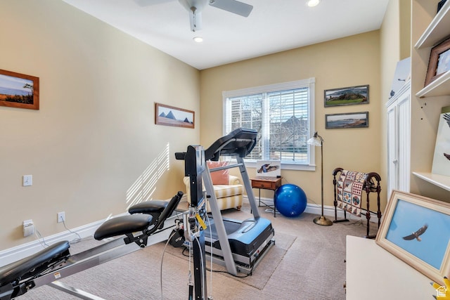 workout room with carpet, recessed lighting, a ceiling fan, and baseboards