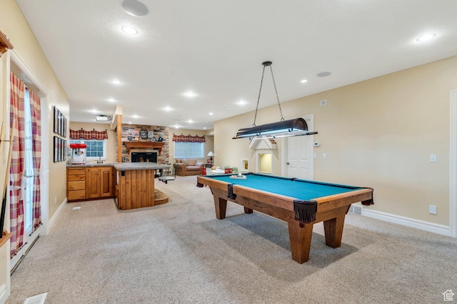 game room with recessed lighting, light colored carpet, a fireplace, and billiards