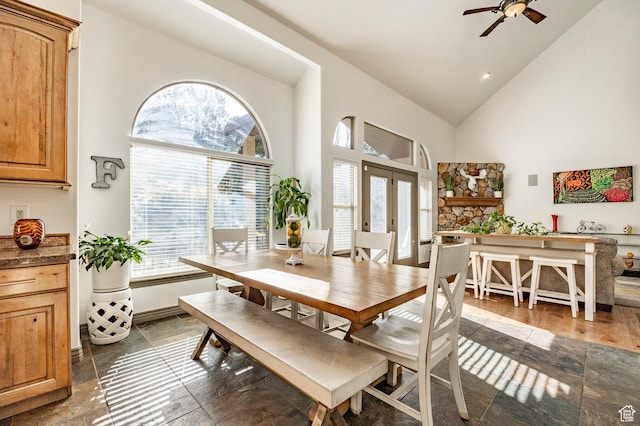 2652 E 6500 S, Uintah, UT 84403 - dining room featuring high vaulted ceiling, healthy amount of natural light, ceiling fan, french doors, and baseboards
