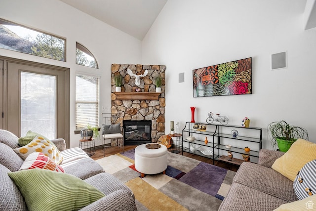 2652 E 6500 S, Uintah, UT 84403 - living room with high vaulted ceiling and a stone fireplace