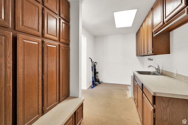 laundry room featuring a sink, baseboards, light colored carpet, and a skylight