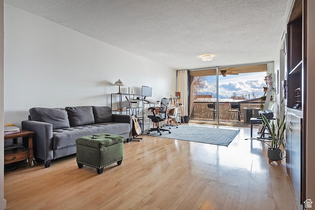 living room featuring expansive windows, a textured ceiling, and light wood finished floors
