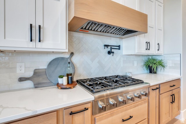 1413 N 1500 E, Provo, UT 84604 - kitchen featuring light stone counters, exhaust hood, white cabinets, and stainless steel gas cooktop