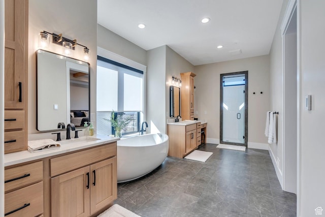 1413 N 1500 E, Provo, UT 84604 - full bathroom with a soaking tub, two vanities, recessed lighting, a stall shower, and a sink