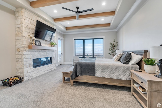 1413 N 1500 E, Provo, UT 84604 - bedroom featuring baseboards, carpet, beamed ceiling, a stone fireplace, and access to outside