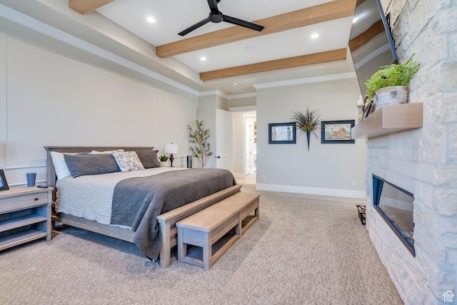 1413 N 1500 E, Provo, UT 84604 - bedroom featuring baseboards, carpet floors, beam ceiling, a stone fireplace, and recessed lighting
