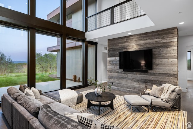 9774 N Red Hawk Trl, Park City, UT 84098 - living room with wood finished floors, recessed lighting, and a high ceiling