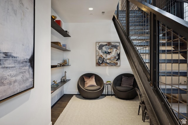 9774 N Red Hawk Trl, Park City, UT 84098 - living area featuring visible vents, wood finished floors, recessed lighting, stairway, and baseboards