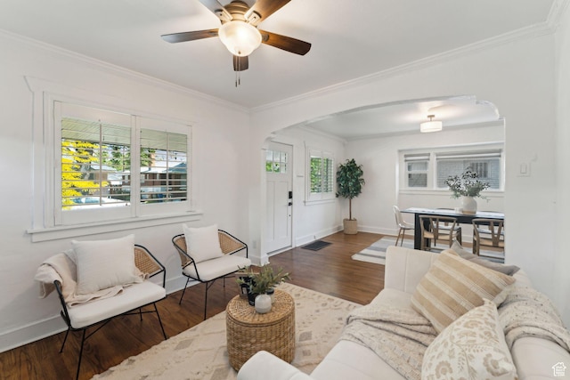 living room with a ceiling fan, crown molding, arched walkways, wood finished floors, and baseboards