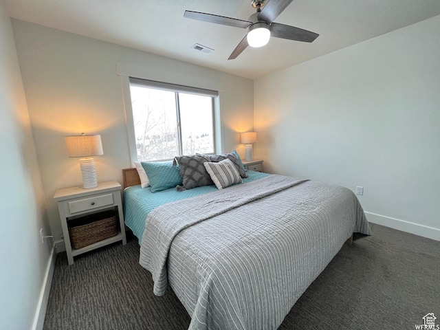 833 W Sunrise Cir, Garden City, UT 84028 - bedroom featuring baseboards, visible vents, dark colored carpet, and a ceiling fan
