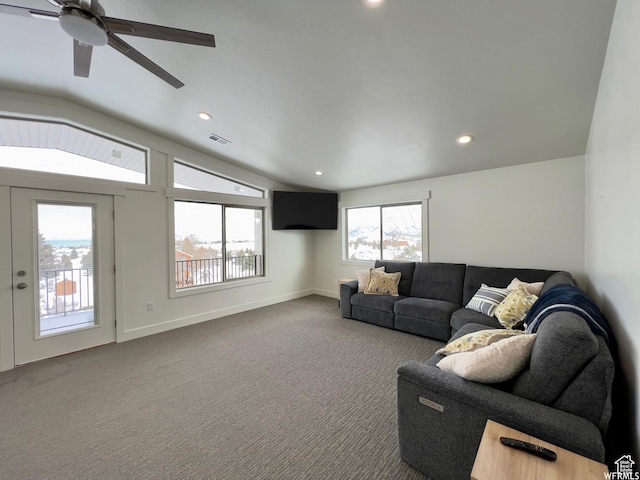 833 W Sunrise Cir, Garden City, UT 84028 - living room featuring vaulted ceiling, recessed lighting, baseboards, carpet floors, and a ceiling fan