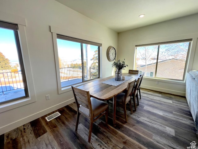 833 W Sunrise Cir, Garden City, UT 84028 - dining area featuring baseboards, visible vents, a healthy amount of sunlight, and dark wood finished floors