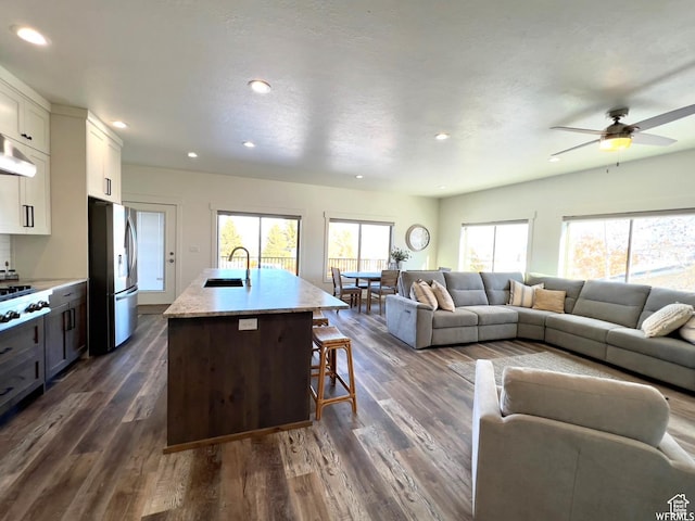 833 W Sunrise Cir, Garden City, UT 84028 - kitchen featuring open floor plan, stainless steel fridge, a sink, and dark wood-style flooring