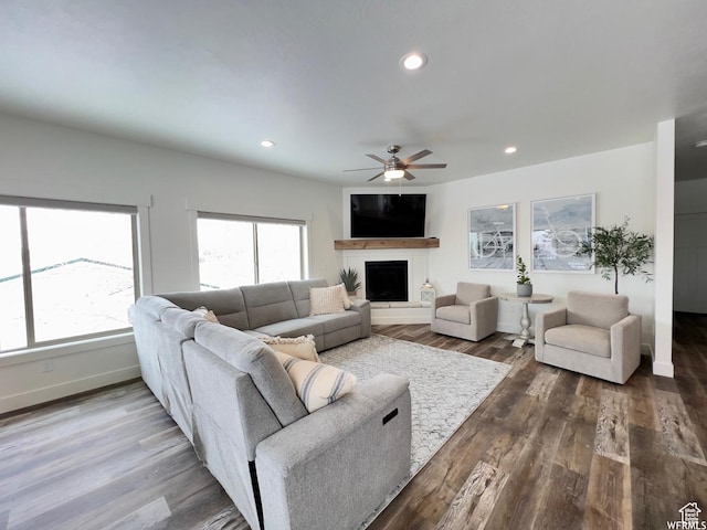833 W Sunrise Cir, Garden City, UT 84028 - living room with recessed lighting, baseboards, a ceiling fan, a fireplace, and wood finished floors