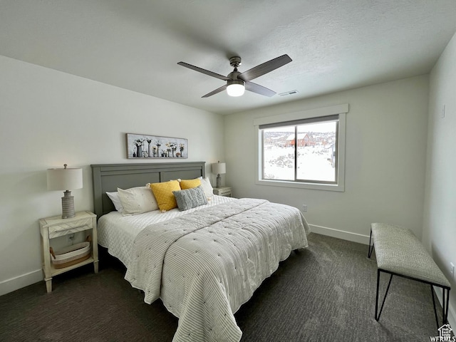 833 W Sunrise Cir, Garden City, UT 84028 - bedroom featuring baseboards, visible vents, dark colored carpet, and ceiling fan