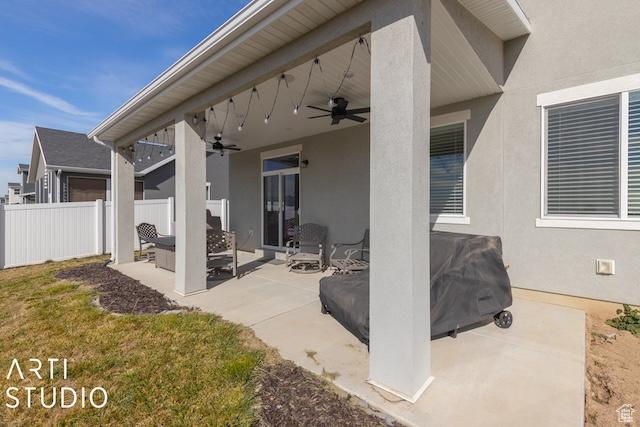 2211 W Parkview Dr, Syracuse, UT 84075 - view of patio / terrace with ceiling fan and fence