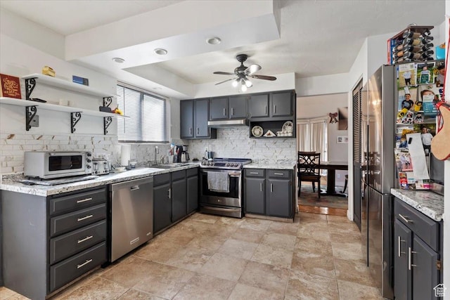 kitchen with a ceiling fan, open shelves, under cabinet range hood, stainless steel appliances, and decorative backsplash
