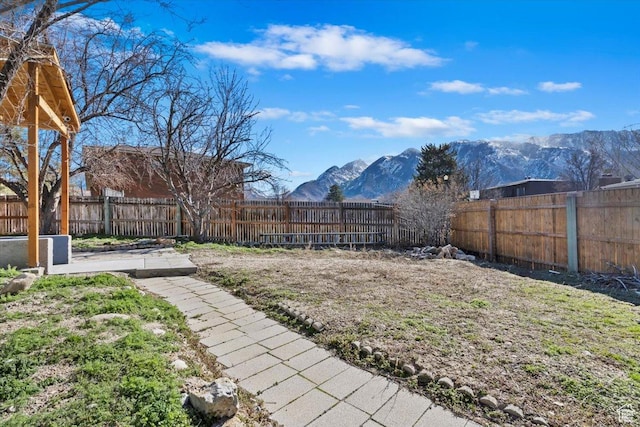 view of yard with a mountain view and a fenced backyard