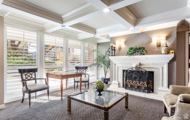 123 E 2nd Ave N Unit T-9, Salt Lake City, UT 84103 - carpeted living area featuring beam ceiling, a fireplace with raised hearth, coffered ceiling, and crown molding