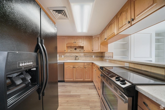 123 E 2nd Ave N Unit T-9, Salt Lake City, UT 84103 - kitchen featuring visible vents, open shelves, a sink, appliances with stainless steel finishes, and light countertops