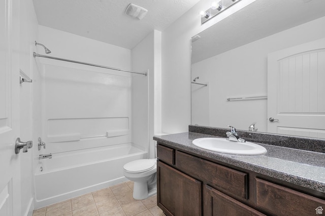 bathroom with visible vents, toilet,  shower combination, vanity, and tile patterned flooring