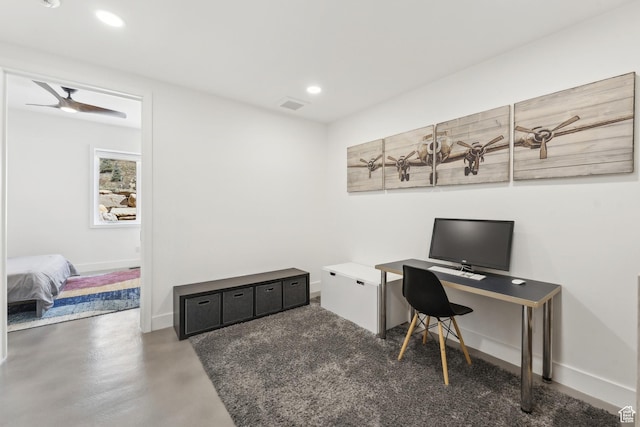3599 Daybreaker Dr, Park City, UT 84098 - home office with concrete flooring, recessed lighting, baseboards, visible vents, and a ceiling fan