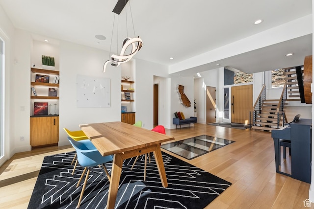 3599 Daybreaker Dr, Park City, UT 84098 - dining area featuring stairs, light wood-type flooring, baseboards, and recessed lighting