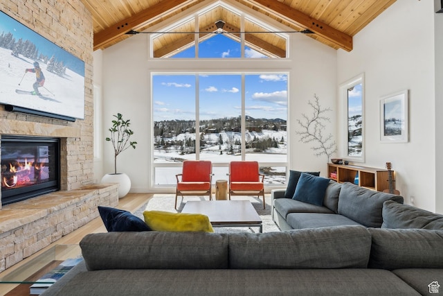 3599 Daybreaker Dr, Park City, UT 84098 - living area featuring beamed ceiling, wood finished floors, wooden ceiling, and a stone fireplace