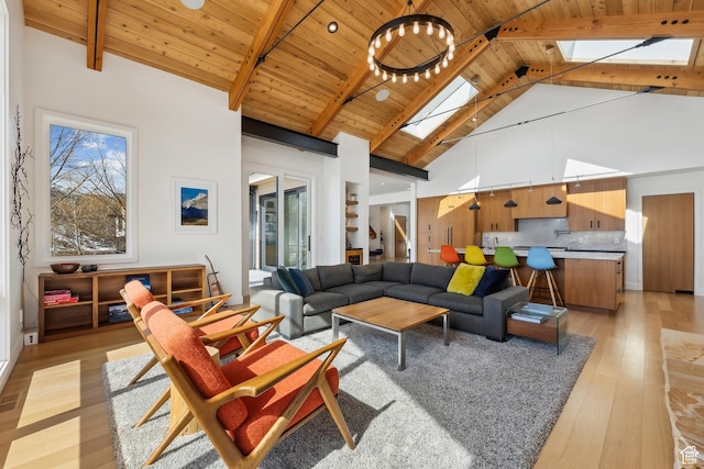 3599 Daybreaker Dr, Park City, UT 84098 - living area with high vaulted ceiling, beamed ceiling, a skylight, light wood-style floors, and wood ceiling