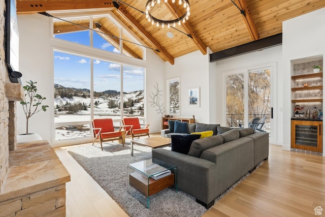 3599 Daybreaker Dr, Park City, UT 84098 - living area with high vaulted ceiling, beamed ceiling, wood finished floors, beverage cooler, and wood ceiling