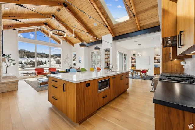 3599 Daybreaker Dr, Park City, UT 84098 - kitchen featuring modern cabinets, stainless steel microwave, wood ceiling, and open floor plan
