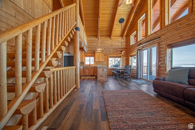 3186 S Sweetwater Pkwy, Garden City, UT 84028 - living room featuring high vaulted ceiling, log walls, wood ceiling with exposed beams, and dark wood-style flooring
