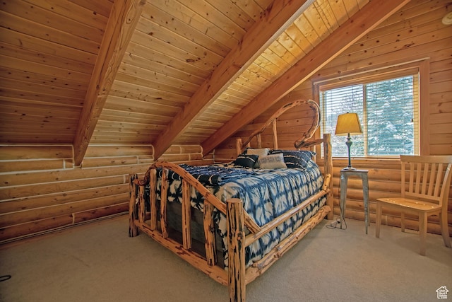 3186 S Sweetwater Pkwy, Garden City, UT 84028 - bedroom featuring rustic walls, carpet floors, and wooden ceiling