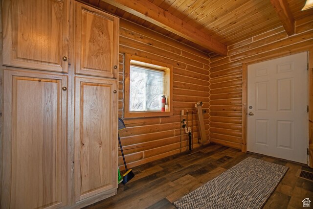3186 S Sweetwater Pkwy, Garden City, UT 84028 - foyer with log walls, dark wood-style floors, and wood ceiling with exposed beams