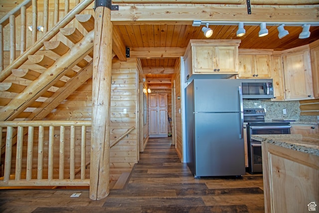 3186 S Sweetwater Pkwy, Garden City, UT 84028 - kitchen featuring stainless steel appliances, dark wood finished floors, tasteful backsplash, light brown cabinets, and wooden ceiling with exposed beams