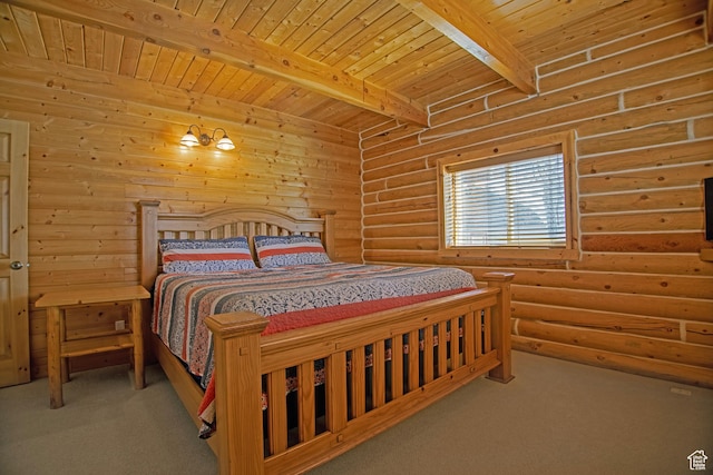 3186 S Sweetwater Pkwy, Garden City, UT 84028 - bedroom featuring wooden ceiling with exposed beams, carpet floors, and log walls
