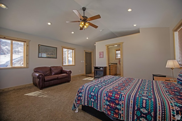 3186 S Sweetwater Pkwy, Garden City, UT 84028 - carpeted bedroom featuring vaulted ceiling, multiple windows, recessed lighting, ceiling fan, and baseboards