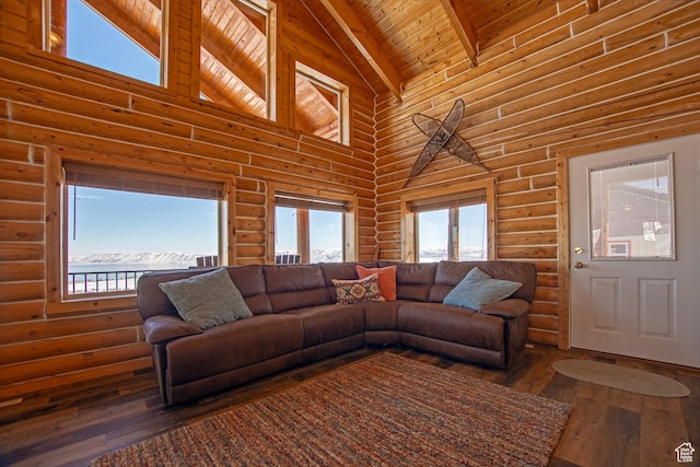 3186 S Sweetwater Pkwy, Garden City, UT 84028 - living room featuring high vaulted ceiling, wood ceiling with exposed beams, hardwood / wood-style flooring, and log walls