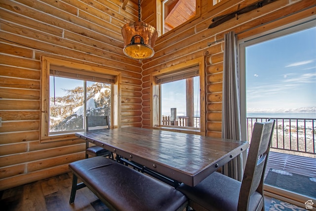 3186 S Sweetwater Pkwy, Garden City, UT 84028 - dining room with log walls, wood-type flooring, and a water view