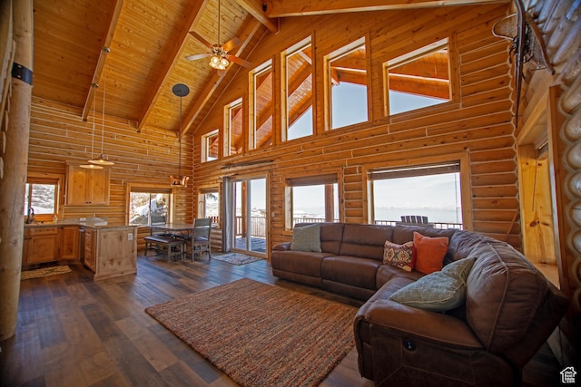 3186 S Sweetwater Pkwy, Garden City, UT 84028 - living area with high vaulted ceiling, ceiling fan, wooden ceiling with exposed beams, and dark wood finished floors