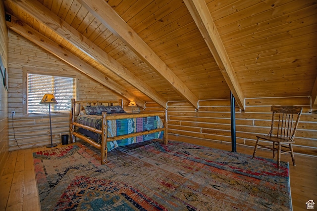 3186 S Sweetwater Pkwy, Garden City, UT 84028 - bedroom featuring log walls, wooden ceiling, and hardwood / wood-style floors