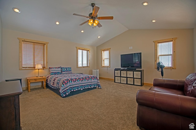 3186 S Sweetwater Pkwy, Garden City, UT 84028 - carpeted bedroom with vaulted ceiling, recessed lighting, multiple windows, baseboards, and a ceiling fan