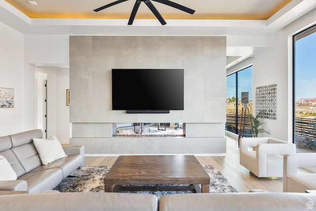 living area with wood finished floors, a raised ceiling, and ceiling fan