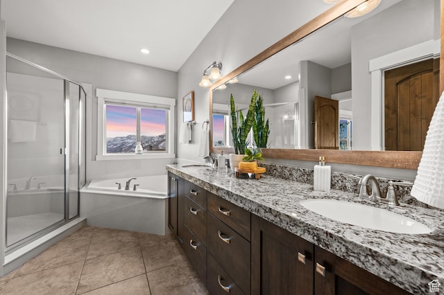 1733 E Viewside Cir, Hideout, UT 84036 - full bath with a shower stall, a bath, double vanity, and tile patterned flooring