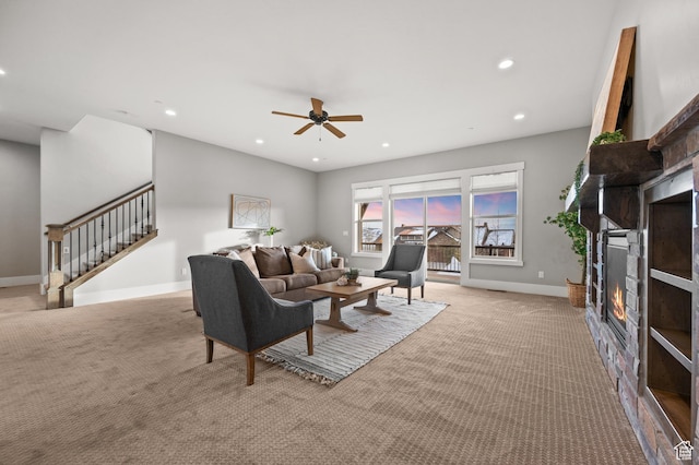 1733 E Viewside Cir, Hideout, UT 84036 - living area featuring a glass covered fireplace, carpet, stairway, recessed lighting, and baseboards