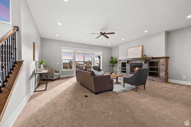 1733 E Viewside Cir, Hideout, UT 84036 - living area featuring carpet floors, recessed lighting, ceiling fan, a stone fireplace, and baseboards