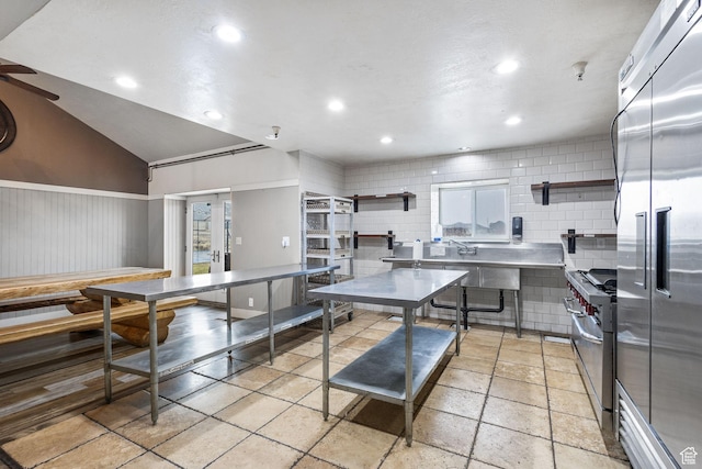 6948 W Dusty Rose Cir, Herriman, UT 84065 - kitchen featuring open shelves, lofted ceiling, high quality appliances, and recessed lighting